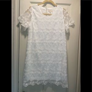 White Dress with Sheer Floral Overlay